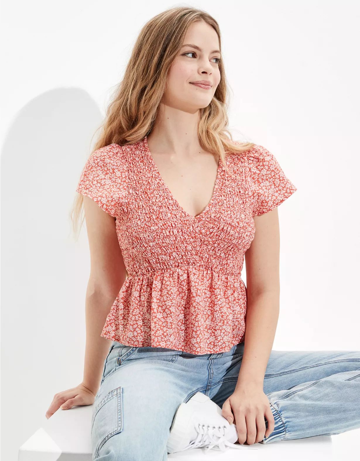 AE V-Neck Smocked Babydoll Blouse | American Eagle Outfitters (US & CA)
