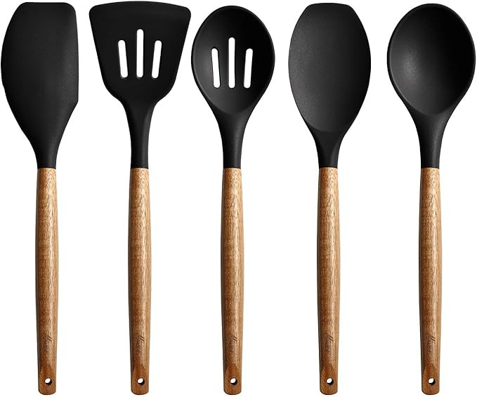 Miusco Non-Stick Silicone Kitchen Utensils Set with Natural Acacia Hard Wood Handle, 5 Piece, Bla... | Amazon (US)