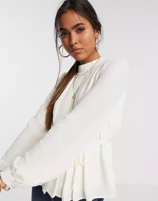 Vero Moda high neck blouse with pleat detail in cream | ASOS (Global)