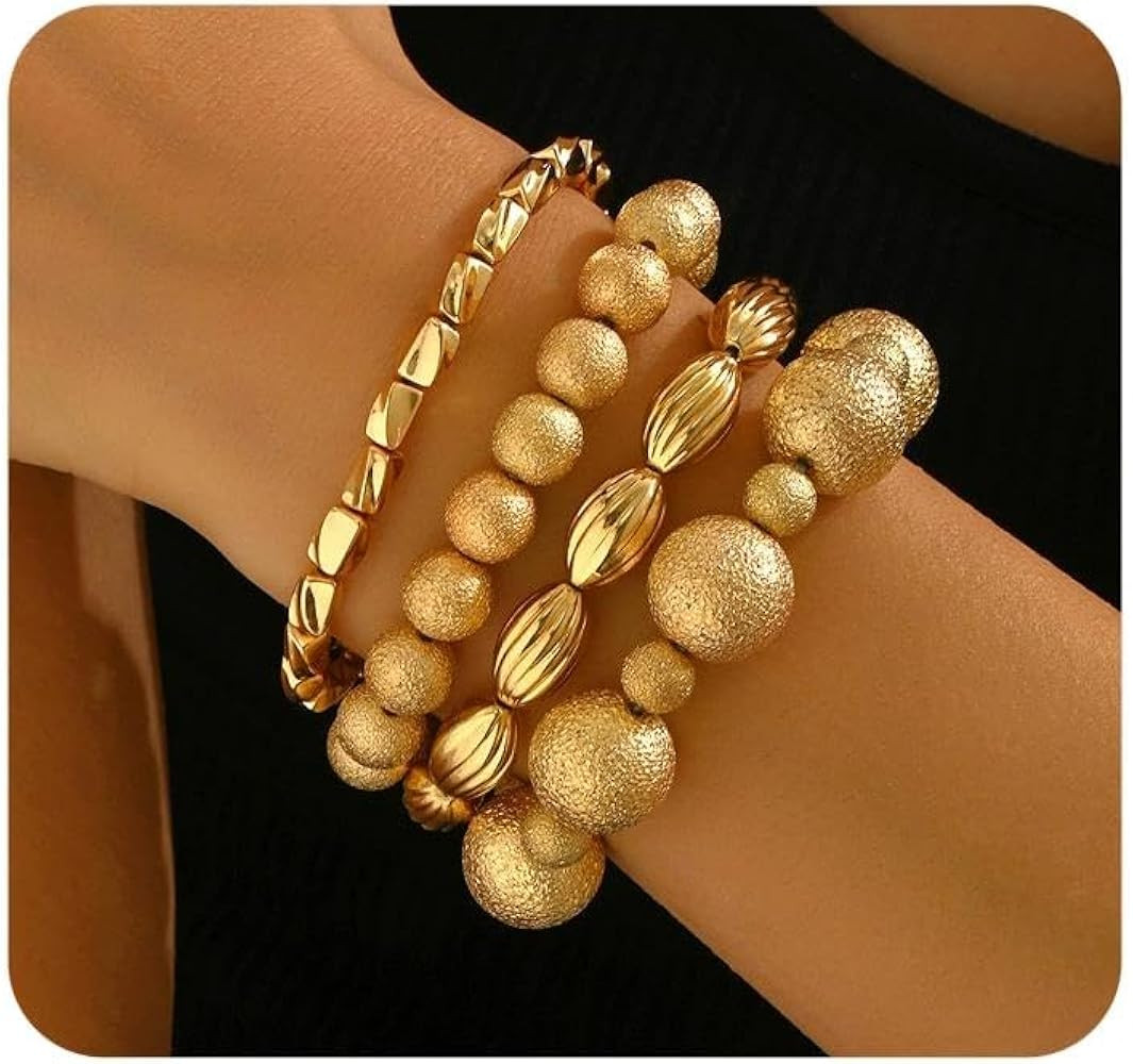 4Pcs Acrylic Gold Beaded Bracelets for Women,Stack Chunky Gold Bracelets Set Stretch Bangles,Brus... | Amazon (US)
