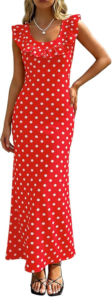 Yousify Women's Off Shoulder Bodycon Maxi Dress Summer Polka Dots Backless Dress Casual Flowy Vac... | Amazon (US)
