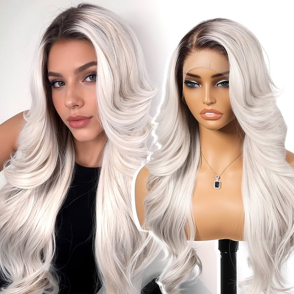 Platinum Blonde Synthetic Lace Front Wig,13x4 HD Lace Layered Wave Glueless Wigs for Women Daily ... | Amazon (US)