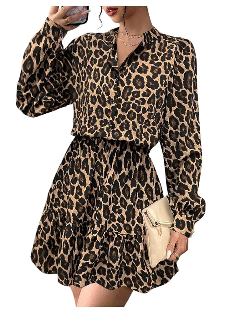 Floerns Women's Graphic Print Lantern Sleeve Button Shirt Dress Ruffle Hem Short Dress | Amazon (US)