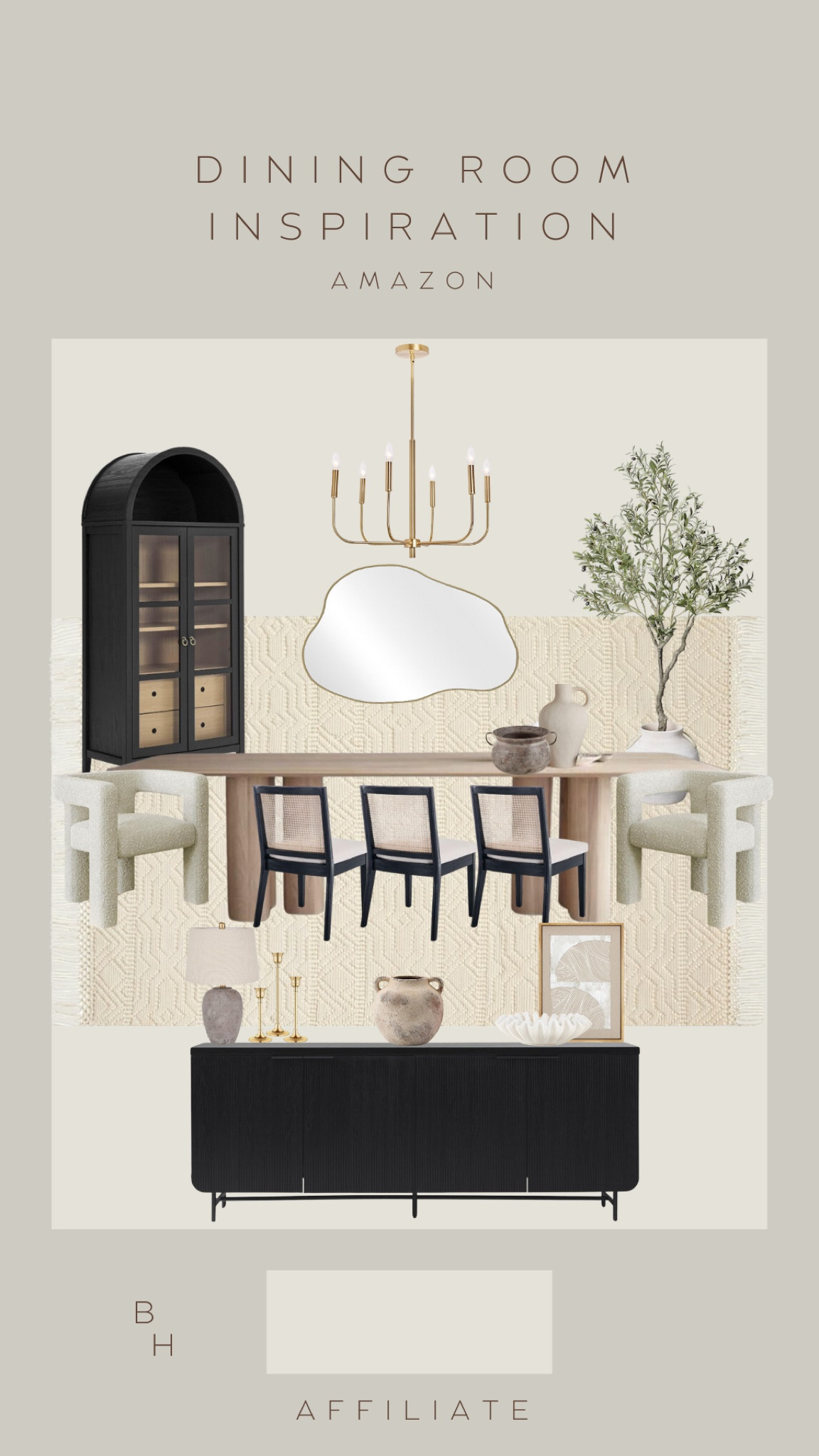 Neutral and affordable Dining Room inspo from Amazon! Dining room, buffet, Amazon deals, Dining table, Dining chair, Amazon home, Amazon furniture, Amazon, round table, chandelier, art, dining chair, dining inspo, faux olive plant, area rug, sideboard, rattan chairs, decor, styling, neutral home. 

#LTKstyletip #LTKhome