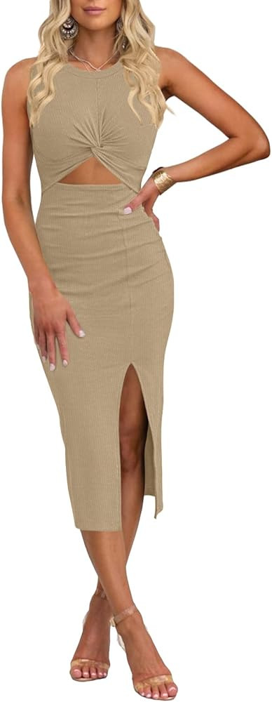 oten Women's Casual Sleeveless Cutout Twist Front Side Slit Ribbed Knit Party Bodycon Midi Dresse... | Amazon (US)