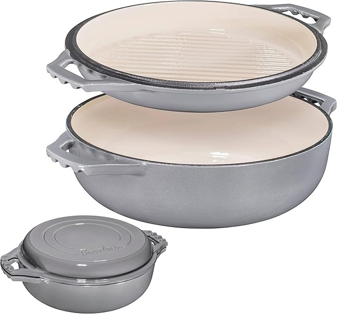 Bruntmor 2-in-1 Enameled Cast Iron Cocotte Double Braiser Pan with Grill Lid 3.3 Quarts - Barbecu... | Amazon (US)