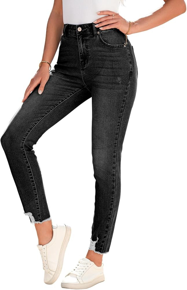 SHEWIN Women's Ripped Shaping Skinny Jeans Distressed Raw Hem Stretchy Denim Pants | Amazon (US)