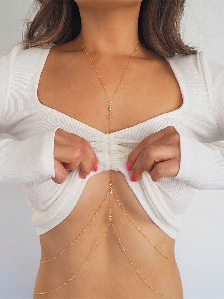 1pc Fashionable Sexy Sparkling Metal Body Chain Necklace For Women, Beach Resort Sweet Chic Minimalist Crystal Dual-Sided Waist Chain Body Jewelry | SHEIN