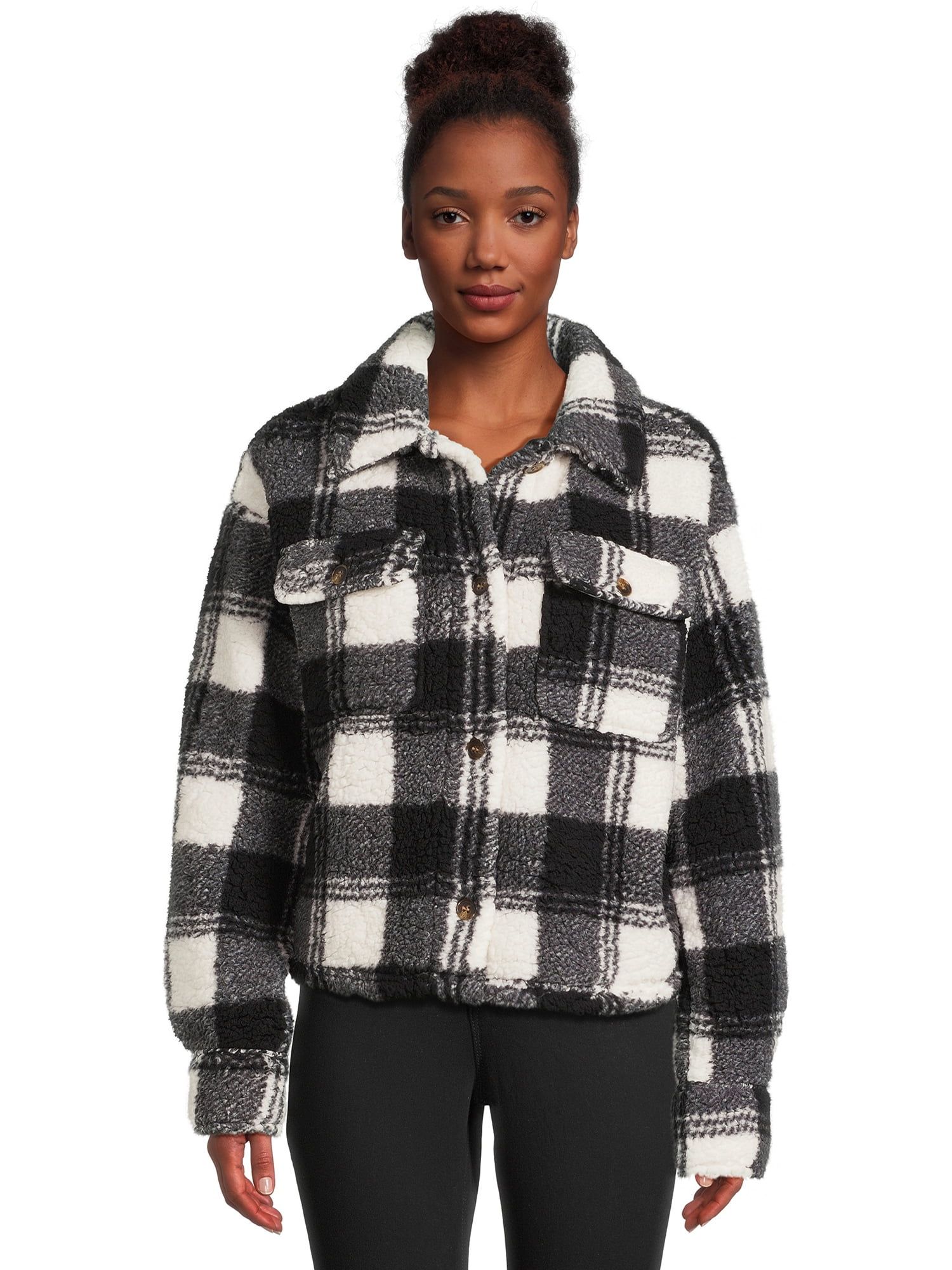 No Boundaries Juniors Plaid Faux Sherpa Shacket, Sizes XS-XXXL | Walmart (US)