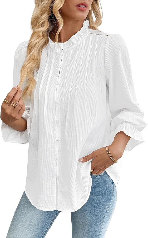 Bsubseach Women Puff Long Sleeve Shirt Textured Button Down Cotton Work Blouse Eyelet Ruffle Coll... | Amazon (US)