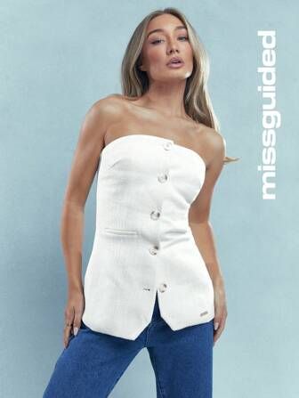 MISSGUIDED Textured Buttoned Bandeau Top With Pocket Details | SHEIN