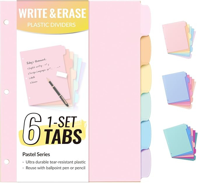 Sooez 6-Tab 3 Ring Binder dividers with tabs, Durable Plastic Write & Erase Tab Dividers for 3 Ri... | Amazon (US)