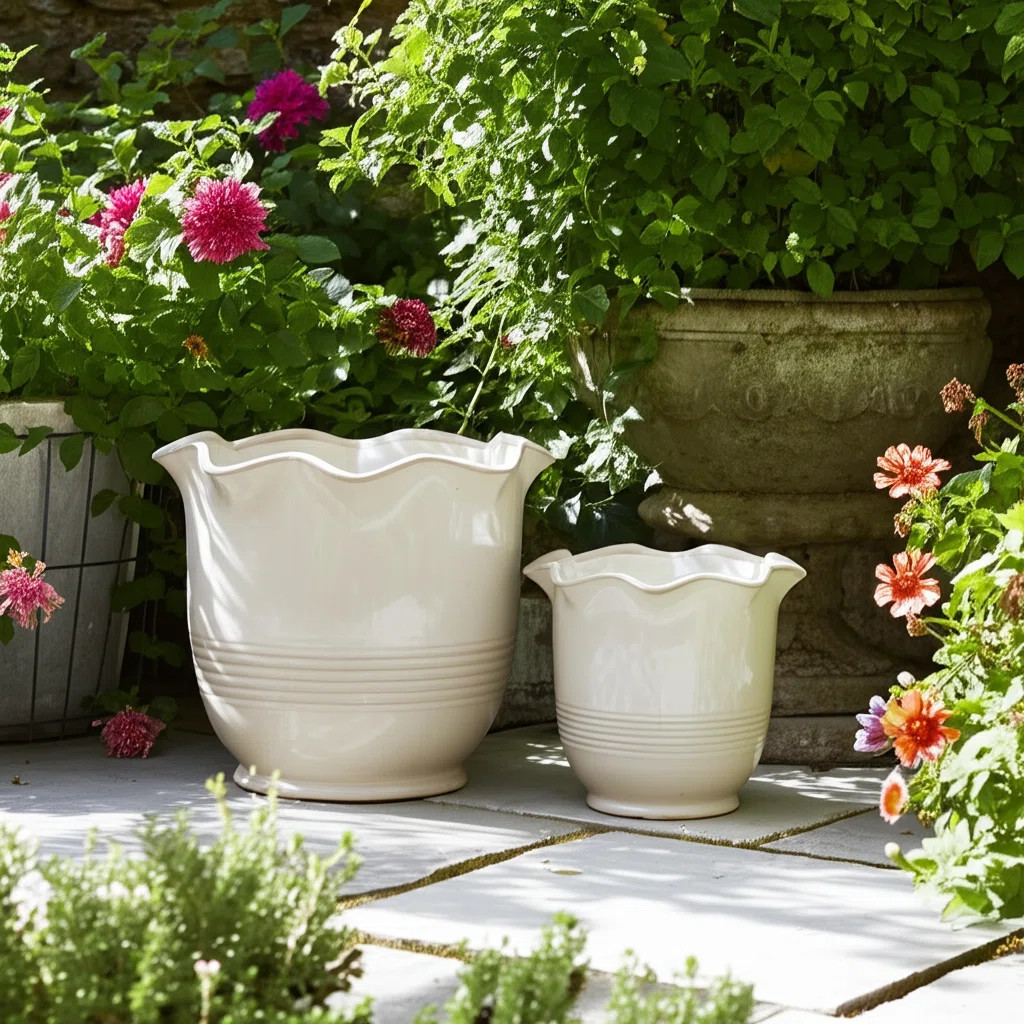 Planter Ceramic Scalloped Rim Ribbed Design Set Of 2 (Set of 2) | Wayfair North America