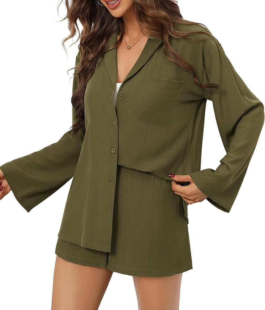 Ekouaer Women's 2 Piece Casual Outfits Notch Neck Long Sleeve Shirt Loose High Waisted Shorts Set... | Amazon (US)