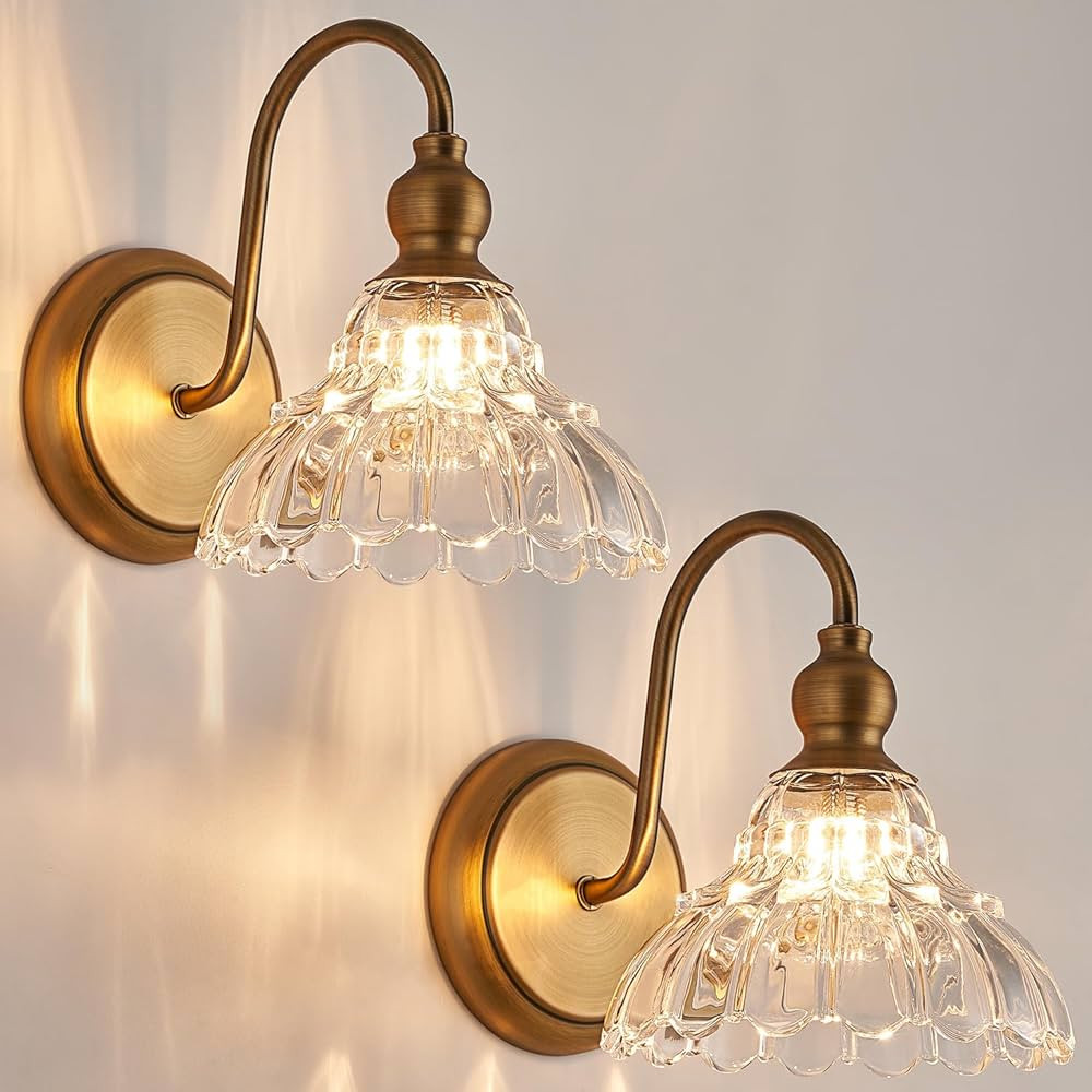 2-Pack Vintage Wall Sconces Brass Bathroom Vanity Lighting Fixtures Beautiful Wall Light Set of T... | Amazon (US)