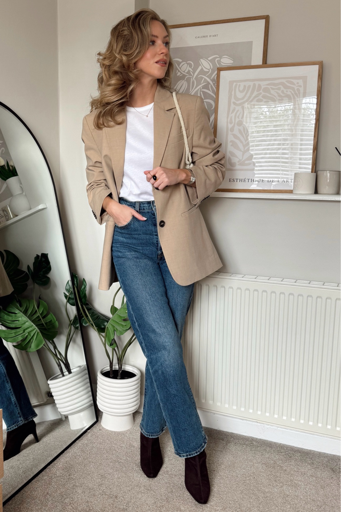Smart casual outfit, Levi’s ribcage jeans, neutrals, tan blazer, white tshirt, realistic outfit, autumn fashion, simple outfit, brown boots, autumn outfit 

#LTKuk #LTKautumn #LTKstyletip