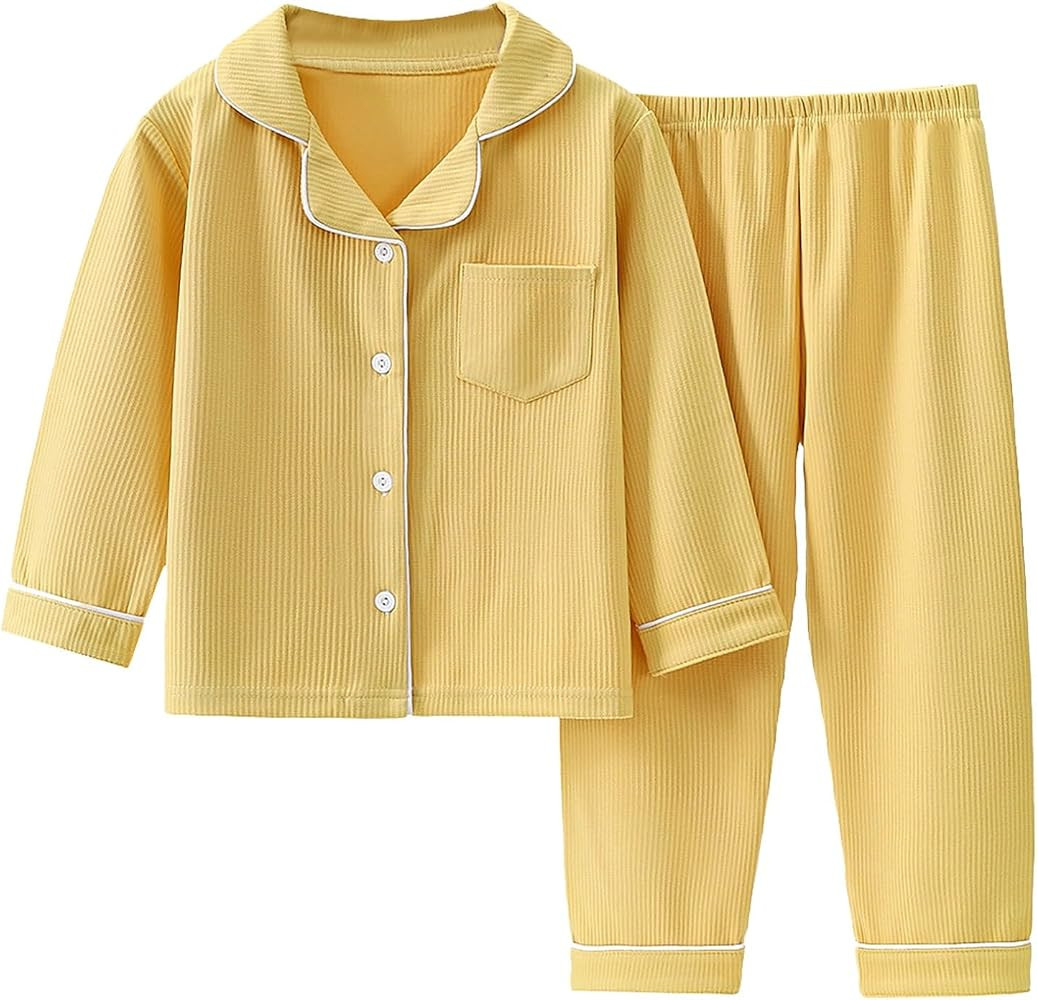 Kids Boys Girls Soft Cotton \ud835\udc0fa\ud835\udc23amas Set Teens Ribbed Button-Down \ud835\udc... | Amazon (US)