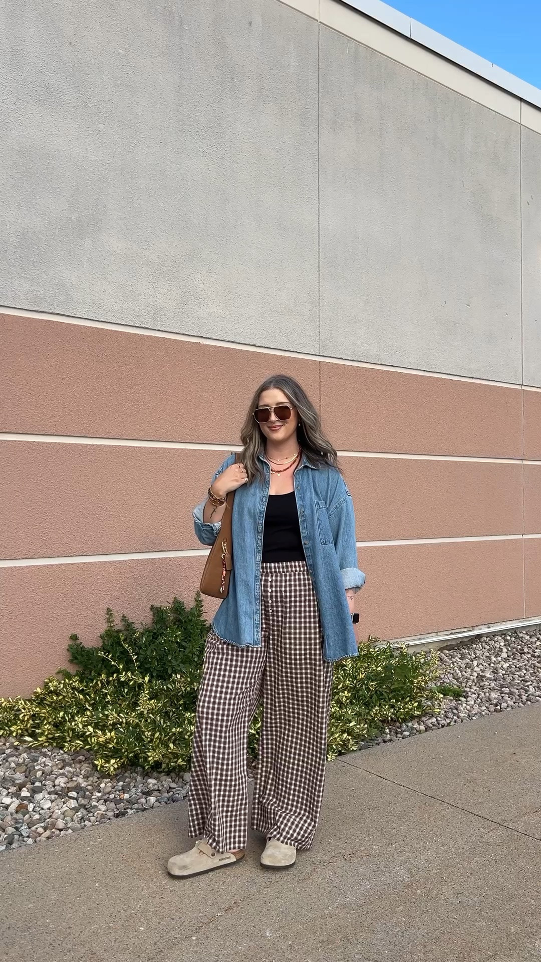 Early fall ootd! Plaid pants are so comfy & lightweight, wearing M. Wearing L in the basic black tank, should have done M. Also wearing L in the denim shirt - one of my most worn closet staples! Canadian Old Navy links are under “similar products”. I’m a 9.5-10 shoe and wear a 40 in the Birkenstock clogs

#LTKfall #LTKmidsize #LTKsale