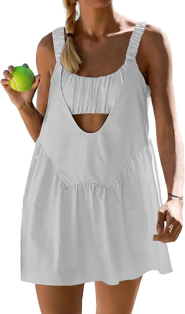 Womens Tennis Dress Built-In Bra and Shorts Pockets Workout Dresses Athletic Outfits Cut Out Two ... | Amazon (US)