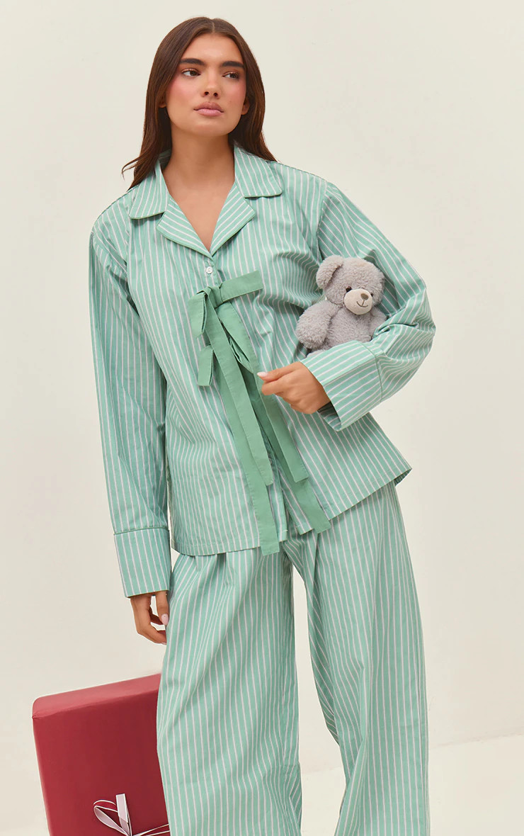 Green Stripe Detail Long Pyjama Set | PrettyLittleThing UK