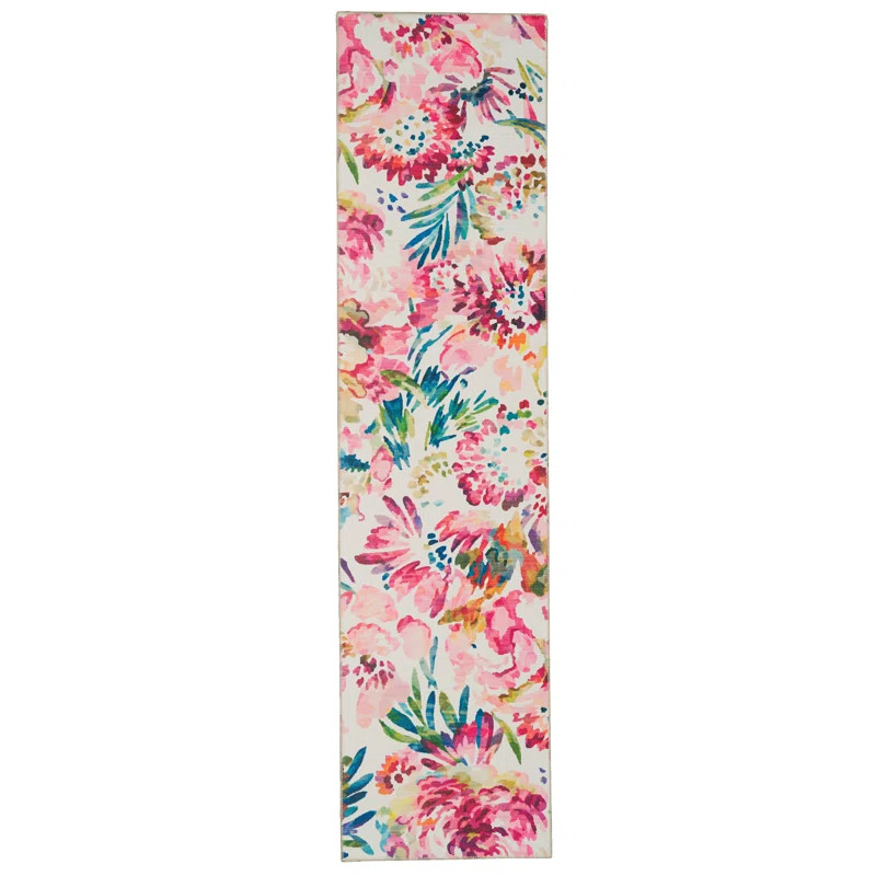 Washable Floral Pink/White/Blue Area Rug | Wayfair North America