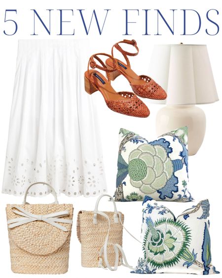 White eyelet skirt, summer style, summer outfit, brown leather woven sandal heels, white scalloped lamp, raffia straw rattan woven backpack, bow bag, blue and green designer floral pillow

#LTKunder100 #LTKhome #LTKunder50