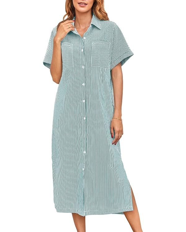 Fisoew Womens Casual Button Down Shirt Dress Striped Short Sleeve Midi Dresses with Belt | Amazon (US)