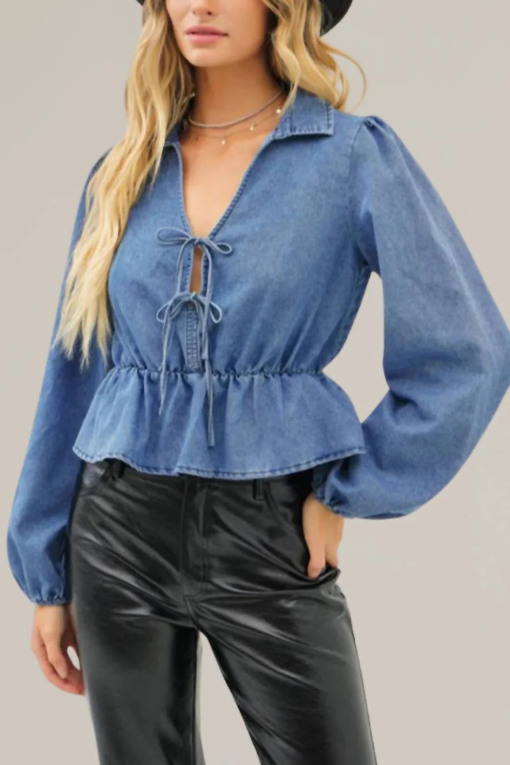 Washed Cotton Denim Double Tie Front Long Sleeve Top In Blue | Shop Simon