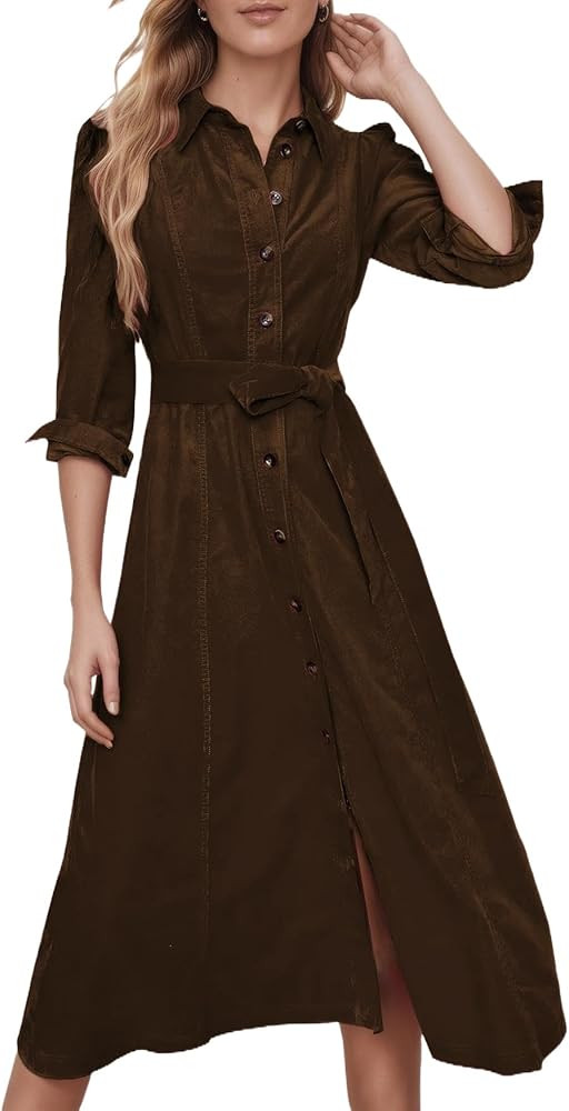 Women's Corduroy Maxi Dress Long Sleeve Cord Button Down Fall Shirt Long Dress with Belt | Amazon (US)