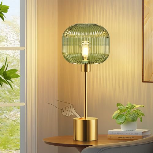 QiMH Glass Table Lamp for Living Room, Modern Bedside Lamp with Green Ribbed Glass Shade, 3-Way Dimmable Touch Control Nightstand Lamp for Bedroom, Brushed Gold (2700K LED Bulb Included) | Amazon (US)