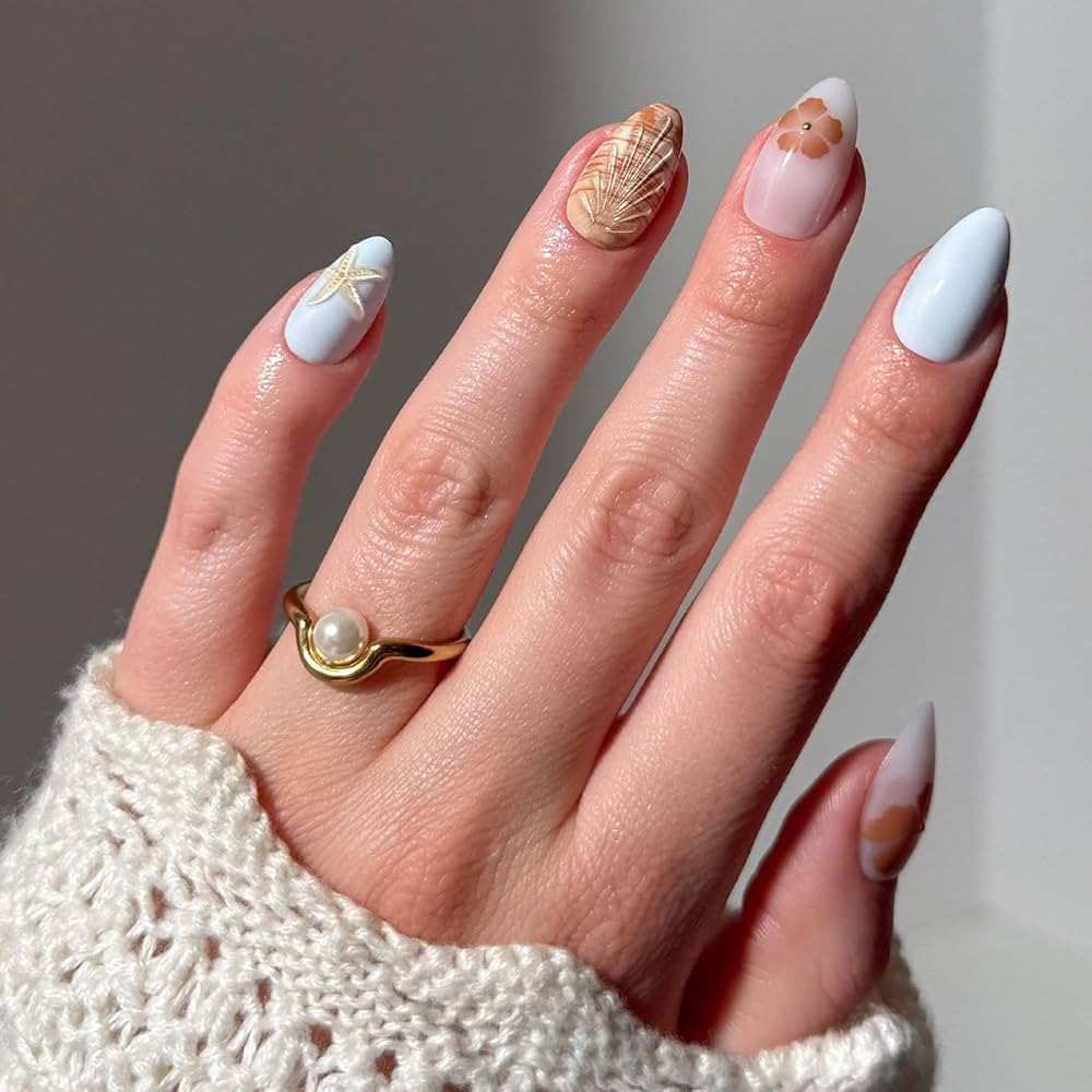 Glamnetic Press On Nails - Sea Star | Short Almond Seashell Nails with 3D Nail Art, Reusable Summ... | Amazon (US)