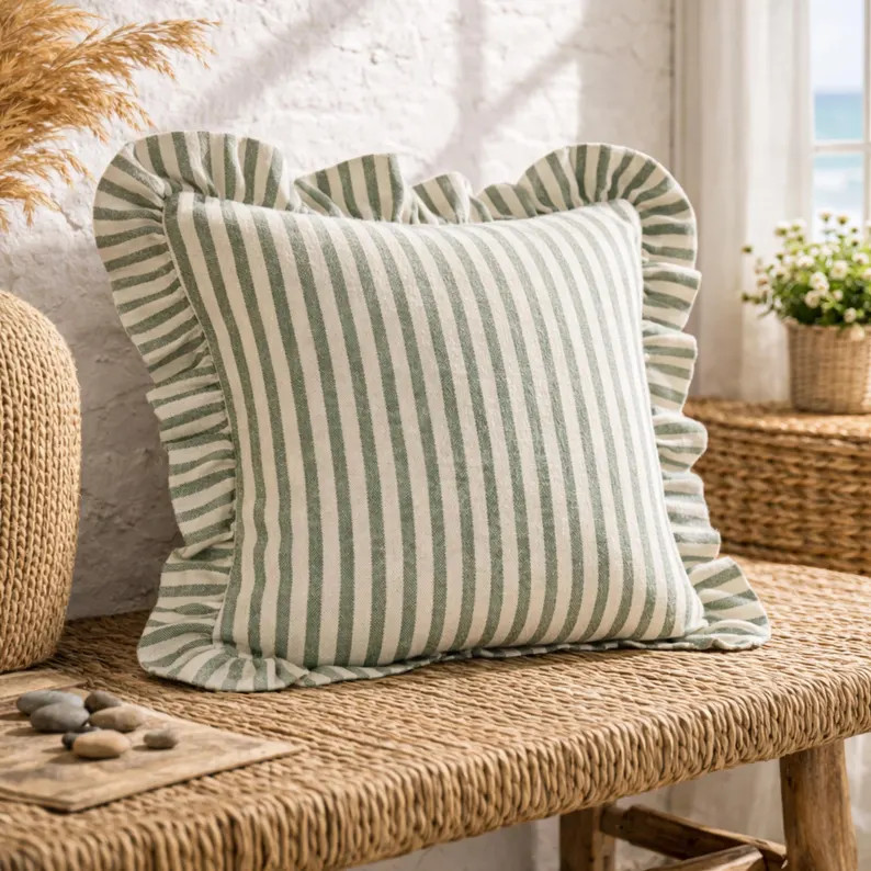 Linen Pillow Cover: Sage Green Stripes - Ruffled Edges, Cozy Decor - Etsy | Etsy (Global)