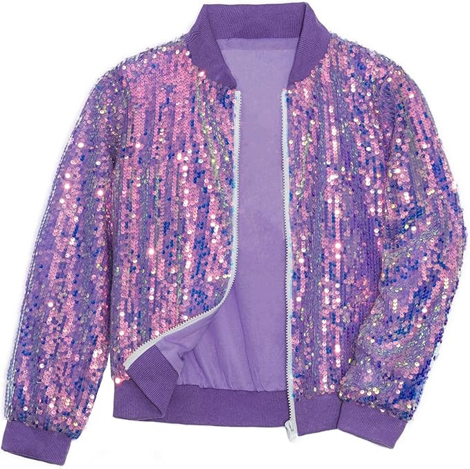Girls Sequin Bomber Jacket Sparkly Outfit Long Sleeve Zipper Bright Colors with Pocket 5-12T | Amazon (US)