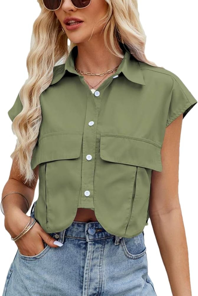 Womens Sleeveless Cropped Short Button Down Shirt Lapel Collared Loose Cap Sleeve Blouses Tops Ve... | Amazon (US)