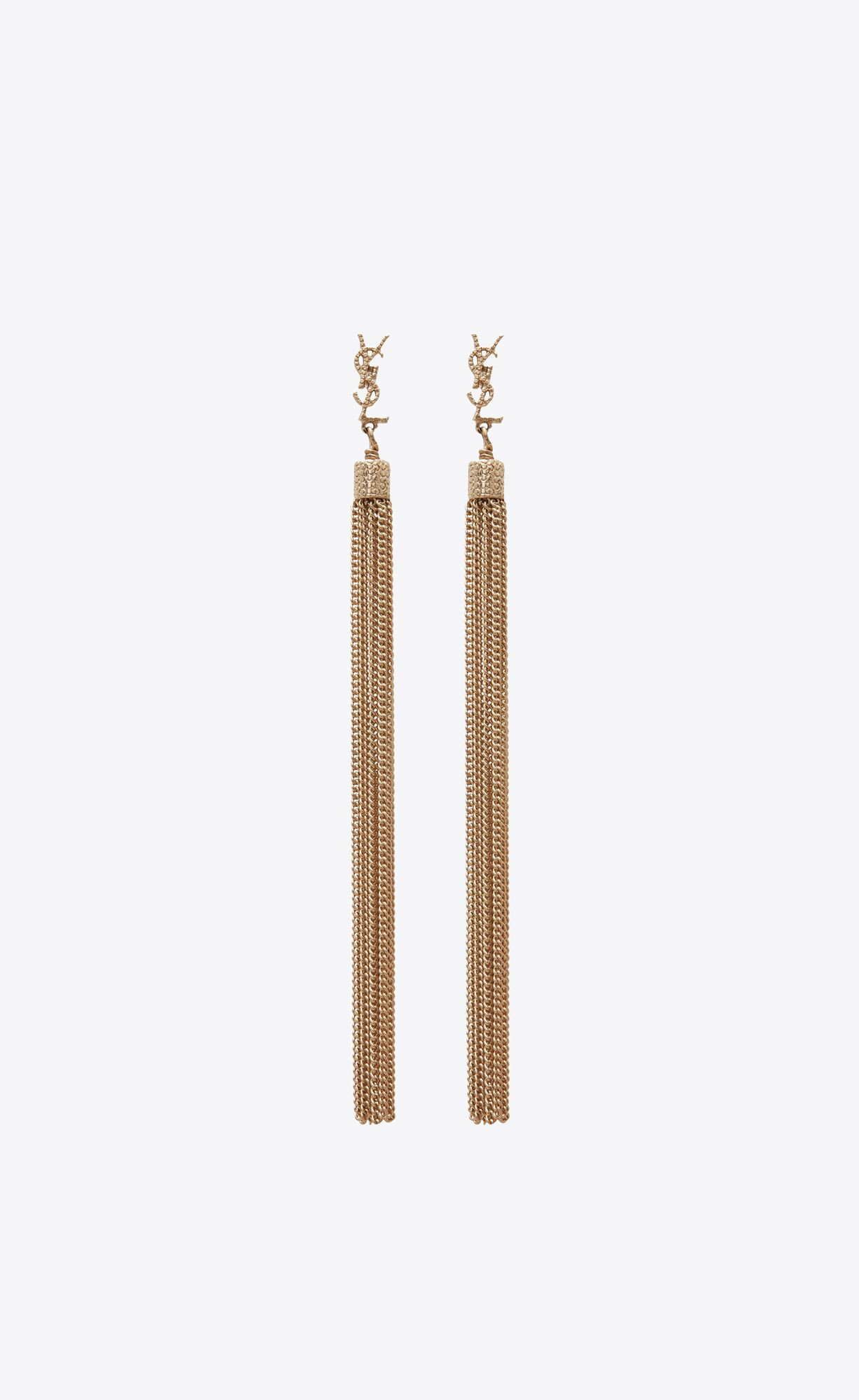 post earrings with hammered CASSANDRE and brass metal chain tassels. | Saint Laurent Inc. (Global)