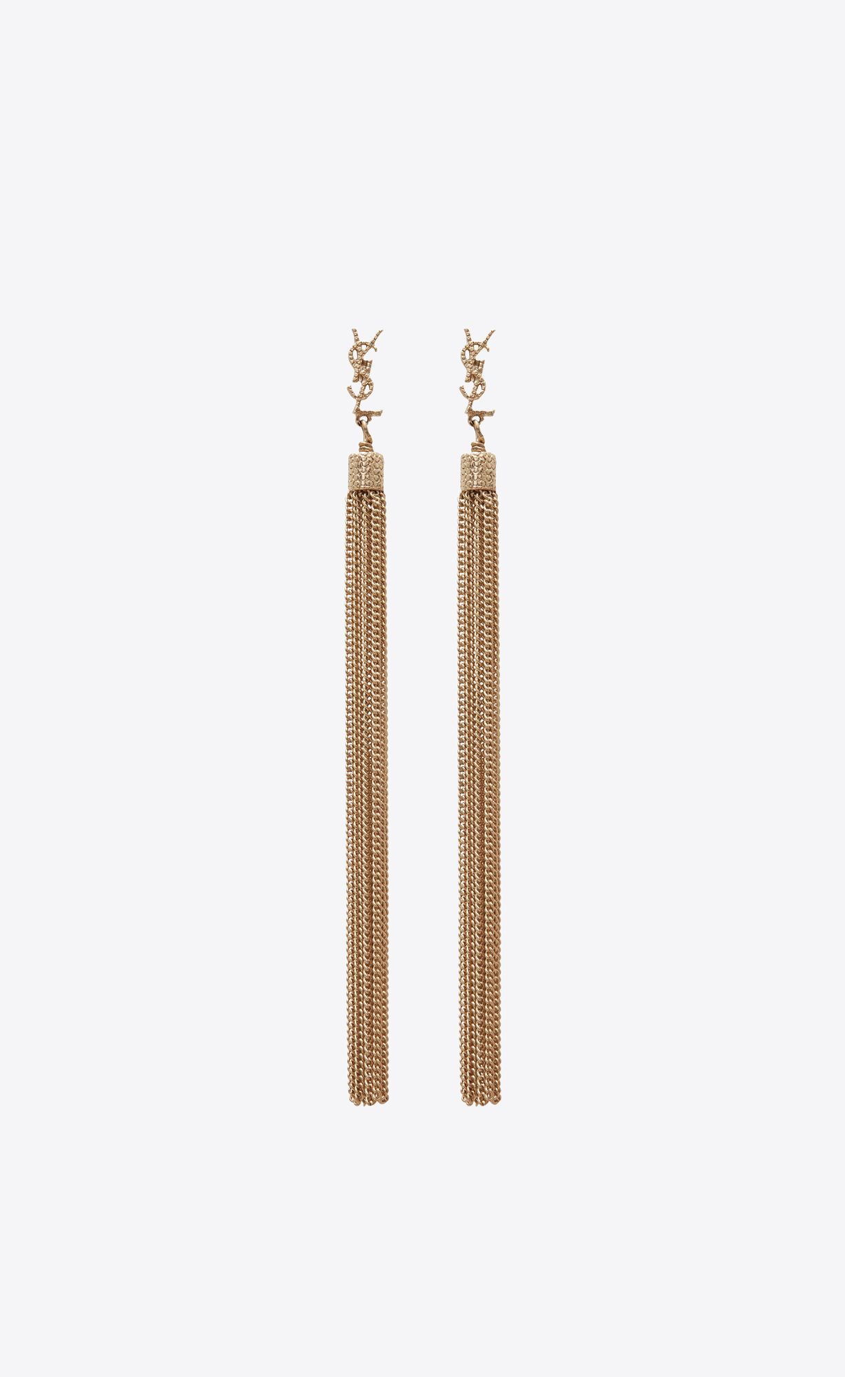 post earrings with hammered CASSANDRE and brass metal chain tassels. | Saint Laurent Inc. (Global)