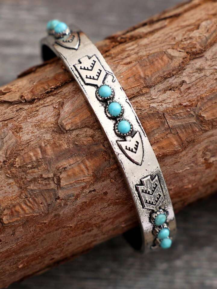 Vintage Turquoise Open Cuff  Silver-Color Inlaid Turquoise Unique Adjustable Bracelet | SHEIN