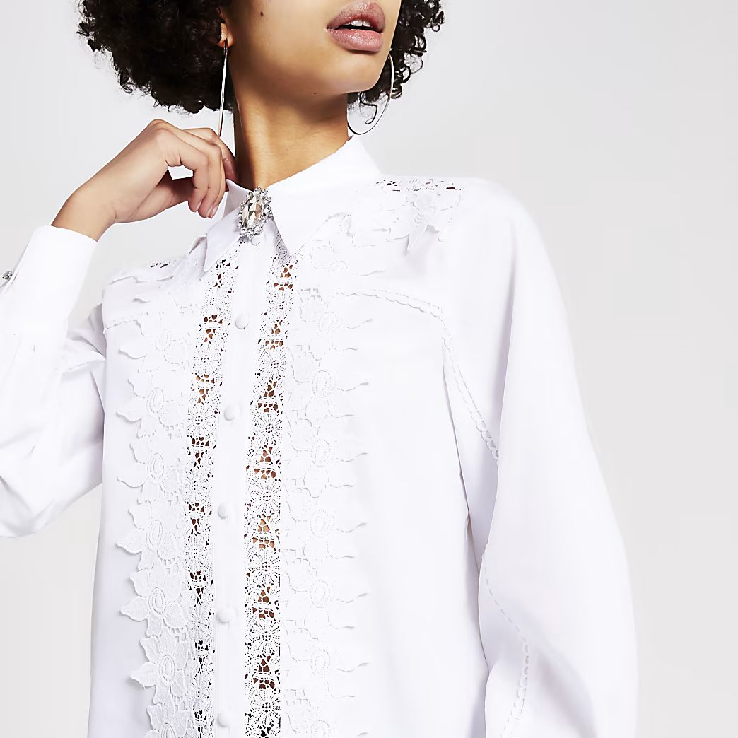White lace diamante brooch shirt | River Island (UK & IE)