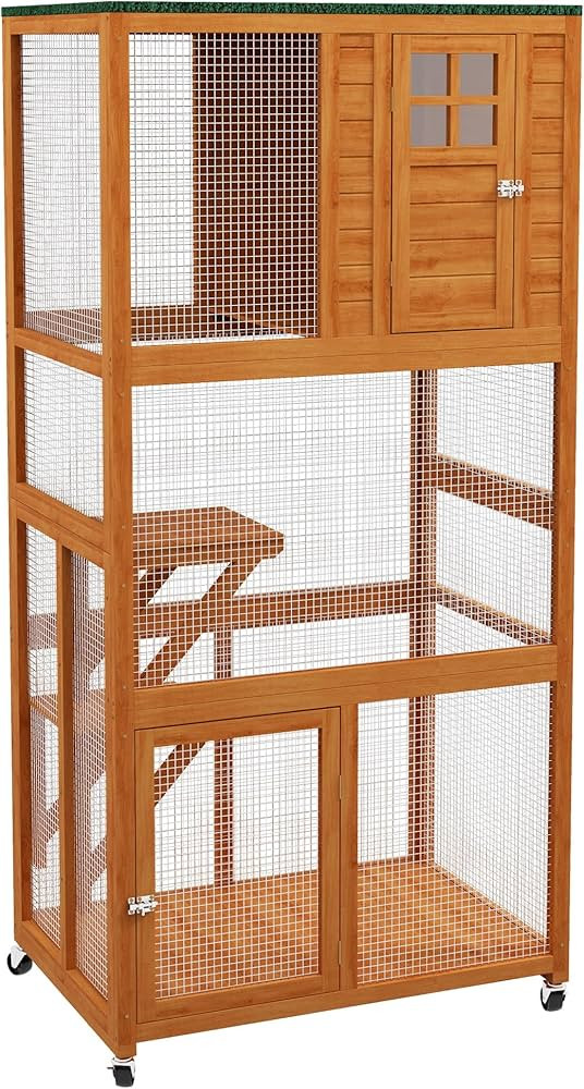 Catio Outdoor Cat Enclosure with Roof Cat House Height 74.25" Large Wooden Cat Cage with 2 Jumpin... | Amazon (US)