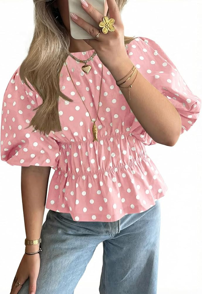 Cicy Bell Womens Polka Dots Peplum Tops Summer Puff Short Sleeve Round Neck Blouses Trendy Casual... | Amazon (US)