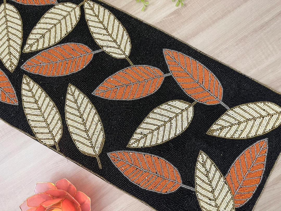 Handmade Table Runner, Beaded, Orange and Cream Leaves Design on Black, 13x36inch - Etsy | Etsy (US)