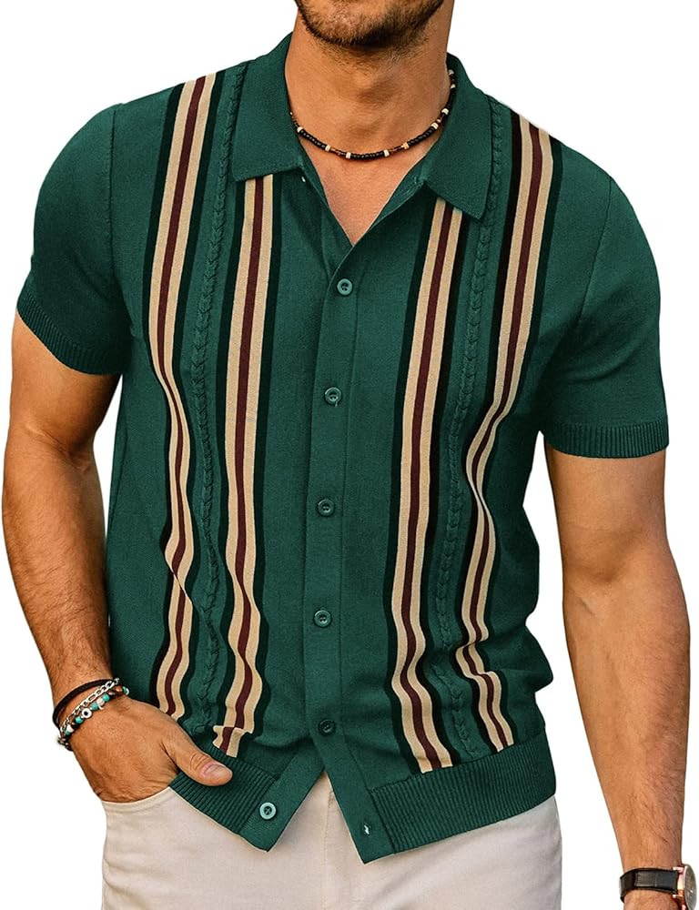 PJ PAUL JONES Mens Polo Shirts Vintage Striped Button Down Knitted Golf Shirts | Amazon (US)