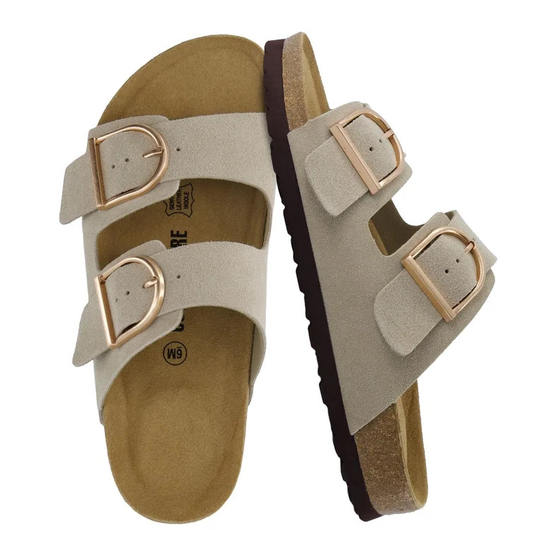 Cushionaire Legacy Cork Footbed Leather Sandals for Women – Genuine Leather Double Strap Slides... | Walmart (US)