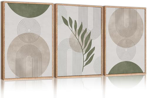 HPINUB Sage Green Boho Framed Canvas Wall Art Set, Minimalist Beige Green Botanical Wall Decor, Abstract Geometric Line Leaf Canvas Painting for Living Room, Dining Room, Office Decor-24 x36 x3 | Amazon (US)