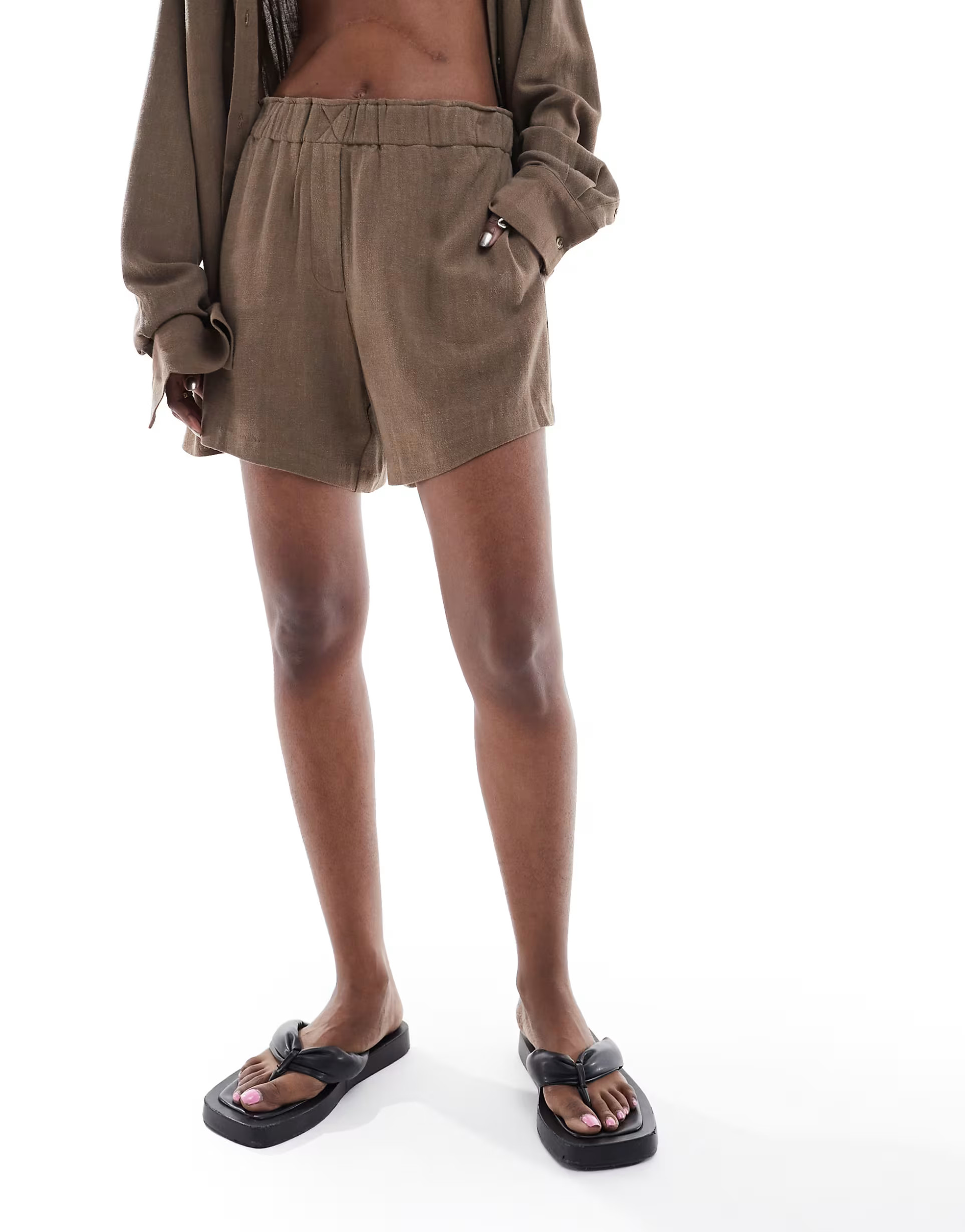 Weekday Ava co-ord linen mix shorts in brown | ASOS (Global)