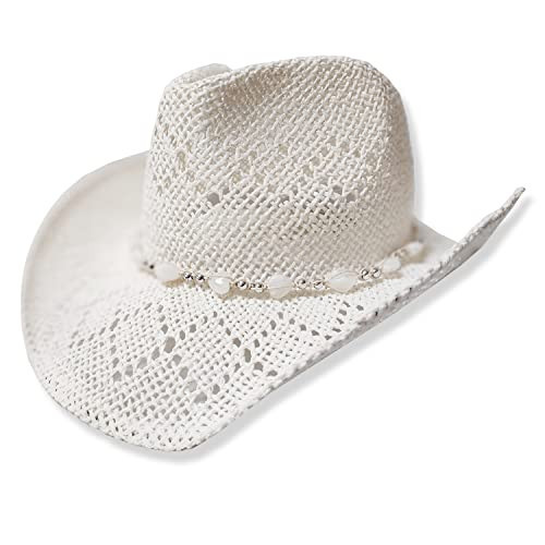 TOVOSO Western Cowgirl Hat for Women with Shapeable Brim, Beaded Hearts Trim, Shapeable Straw Cowboy Hat, White | Amazon (US)