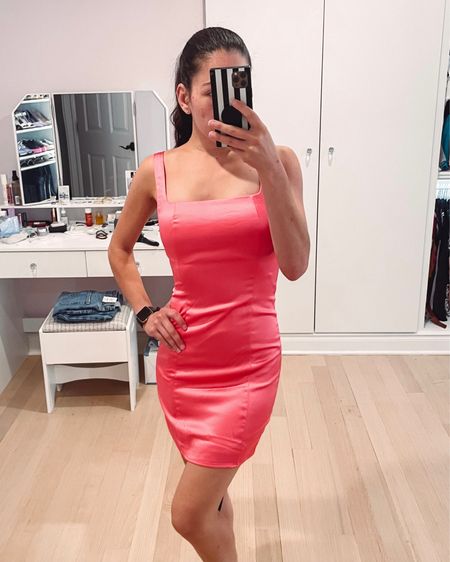 Pink satin tank dress from Aqua under $50 on sale. Great cocktail dress or party dress and form fitting. 

#LTKwedding #LTKsalealert #LTKunder50