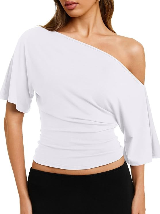 REORIA Womens Off The Shoulder Tops Y2k 2026 Summer Cinched Waist T-Shirts | Fashion Short Sleeve... | Amazon (US)