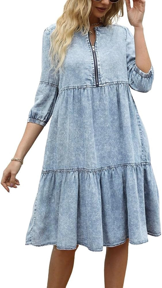 chouyatou Women's Vintage Washed Loose Fit 3/4 Sleeve Tiered Babydoll Mini Denim Jean Dress | Amazon (US)