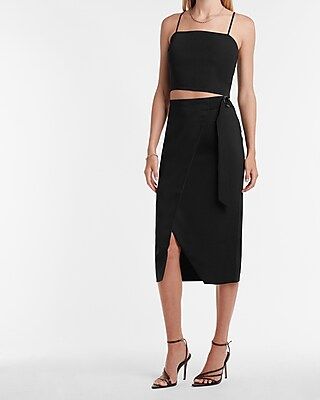 High Waisted Side Tie Buckle Midi Skirt Black Women's 2 | Express